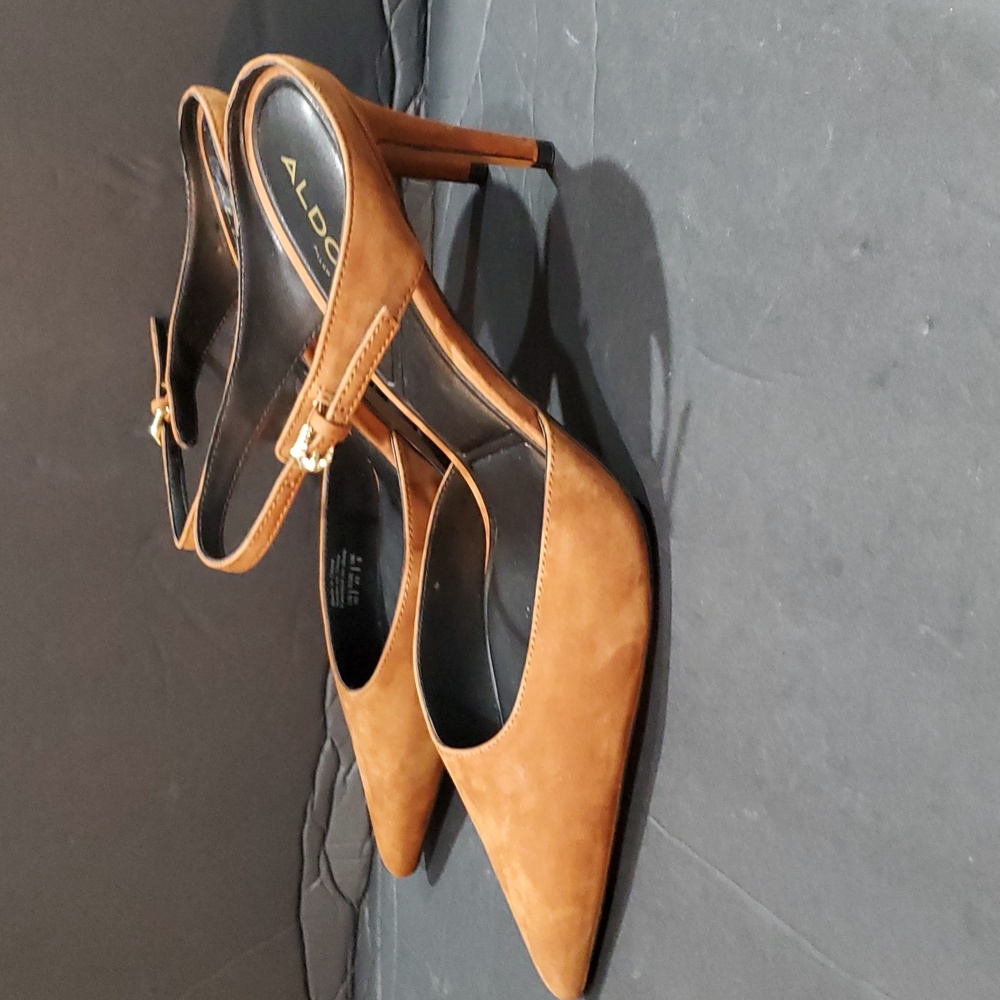 Aldo brown tan faux suede pointy toe pave buckle stiletto mule heels size 10 new